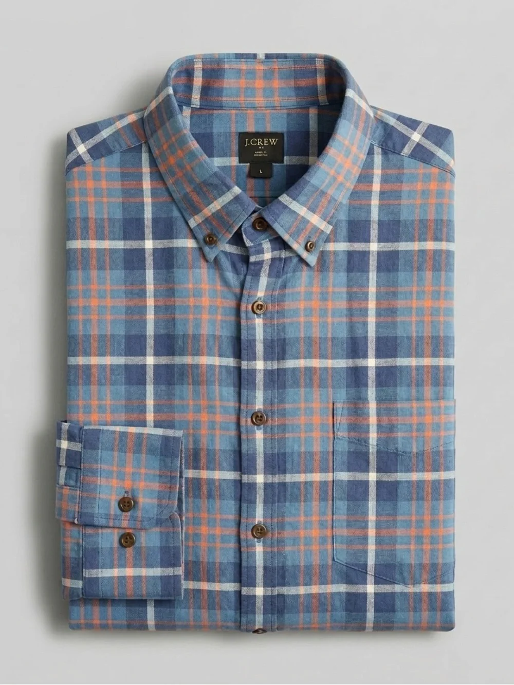 J.Crew Men’s Large 100% Cotton Plaid Button-Down Shirt Blue Orange Long Sleeve